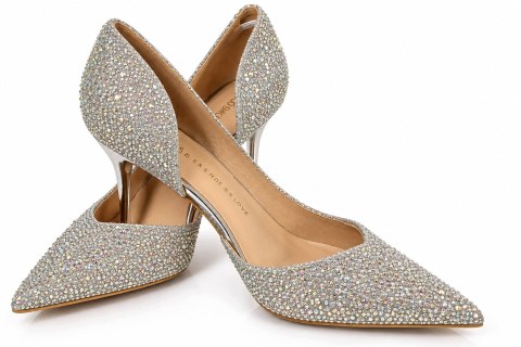 Czółenka Damskie Srebrne Glamour Brokatowe Eleganckie Szpilki Roz. 37