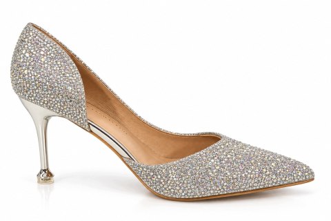 Czółenka Damskie Srebrne Glamour Brokatowe Eleganckie Szpilki Roz. 37