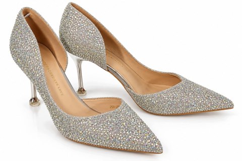 Czółenka Damskie Srebrne Glamour Brokatowe Eleganckie Szpilki Roz. 39