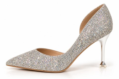 Czółenka Damskie Srebrne Glamour Brokatowe Eleganckie Szpilki Roz. 40