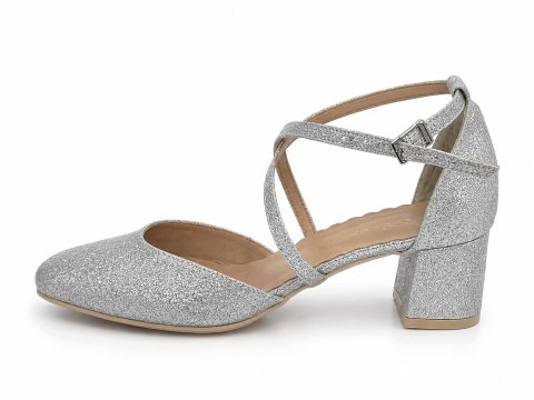 Eleganckie Czółenka Damskie Srebrne Brokat Słupek Produkt Polski 37